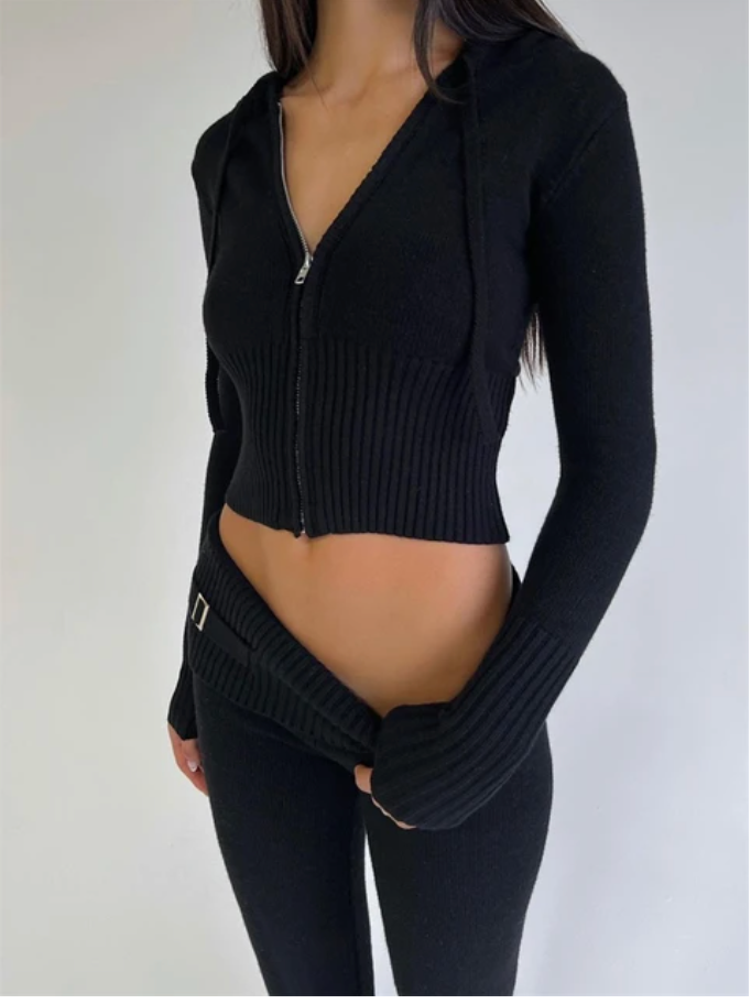 Dam Tvådelad Stickad Uppsättning med Elastisk Midja 8