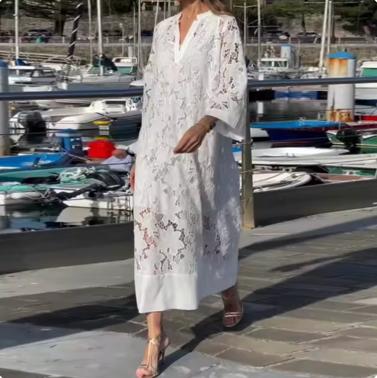 Variant image for Kvinnors Aftonklänning Elegant Design med Vit Spets och Lätt Tyg-1