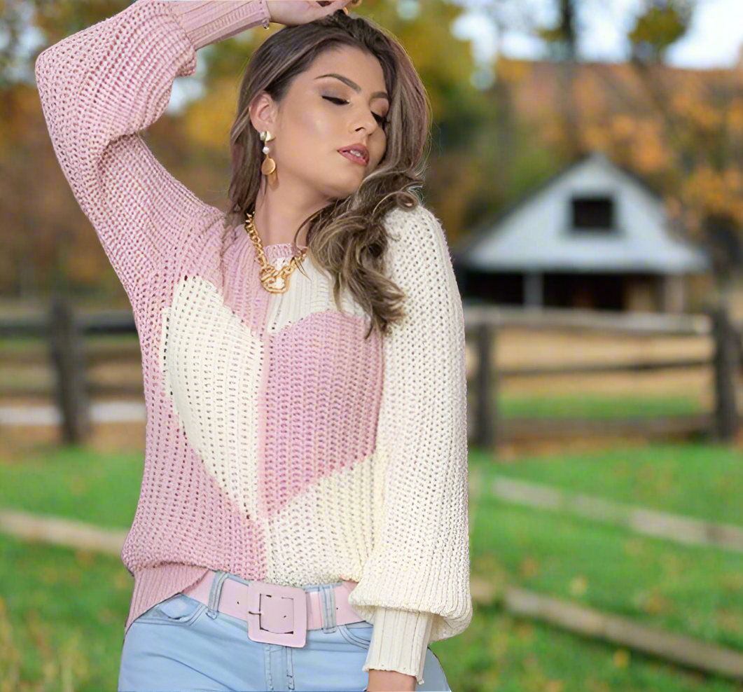 Stickad Dam Tröja i Kashmir med Hjärtmönster-5