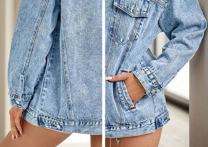 Dam Mid-Längd Denimjacka Avslappnad Passform 70% Bomull-6