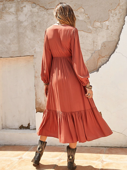 Kvinna Lång Klänning Boho Stil Ruffled Bomull-6