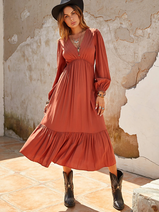 Kvinna Lång Klänning Boho Stil Ruffled Bomull-1