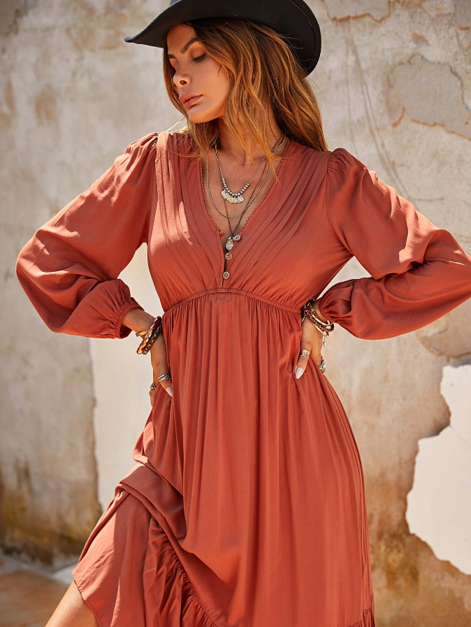 Kvinna Lång Klänning Boho Stil Ruffled Bomull-3