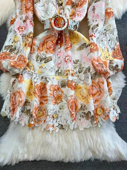 Kvinnors Miniklänning Blommig Broderi Bomull Lykta Ärmar 5