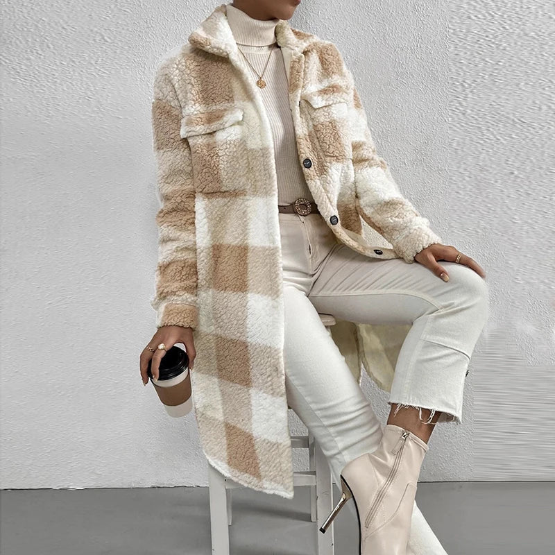 Lång Vinterjacka Dam Rutig Lammull Elegant Stil-1