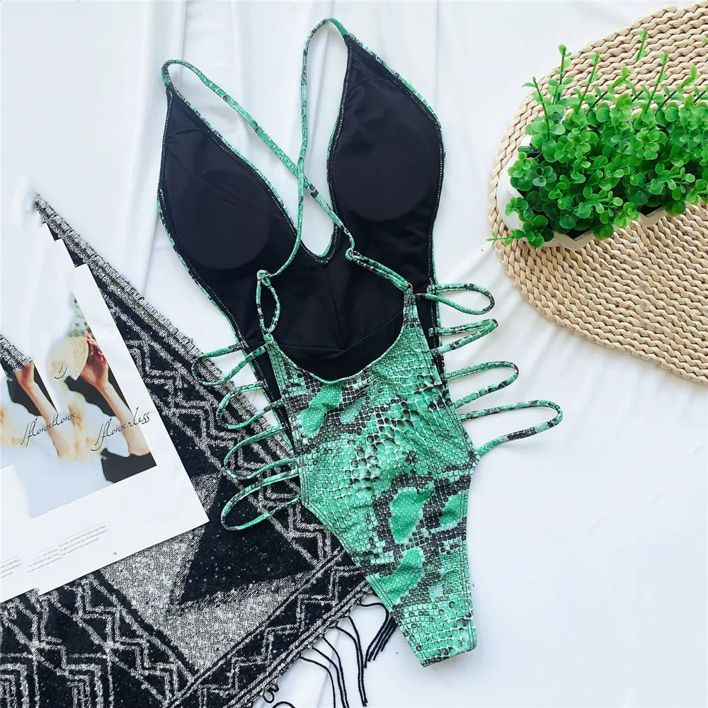 Dam Monokini Justerbara Remmar Ormlädermönster Polyester Spandex 3