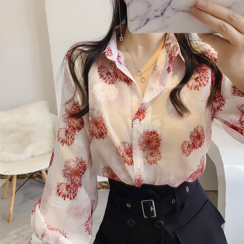 Dam Blus Blommönster Långärmad Chiffong-6