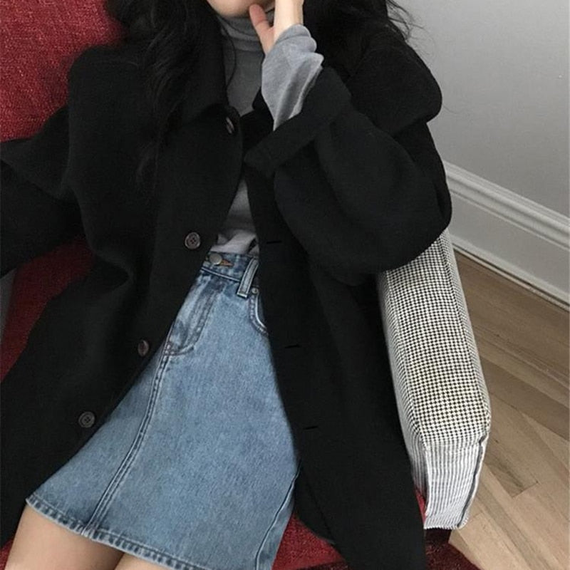 Dam Lång Kappa Enfärgad Ull med Kapuschong-1