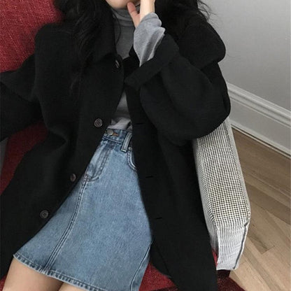 Dam Lång Kappa Enfärgad Ull med Kapuschong-1