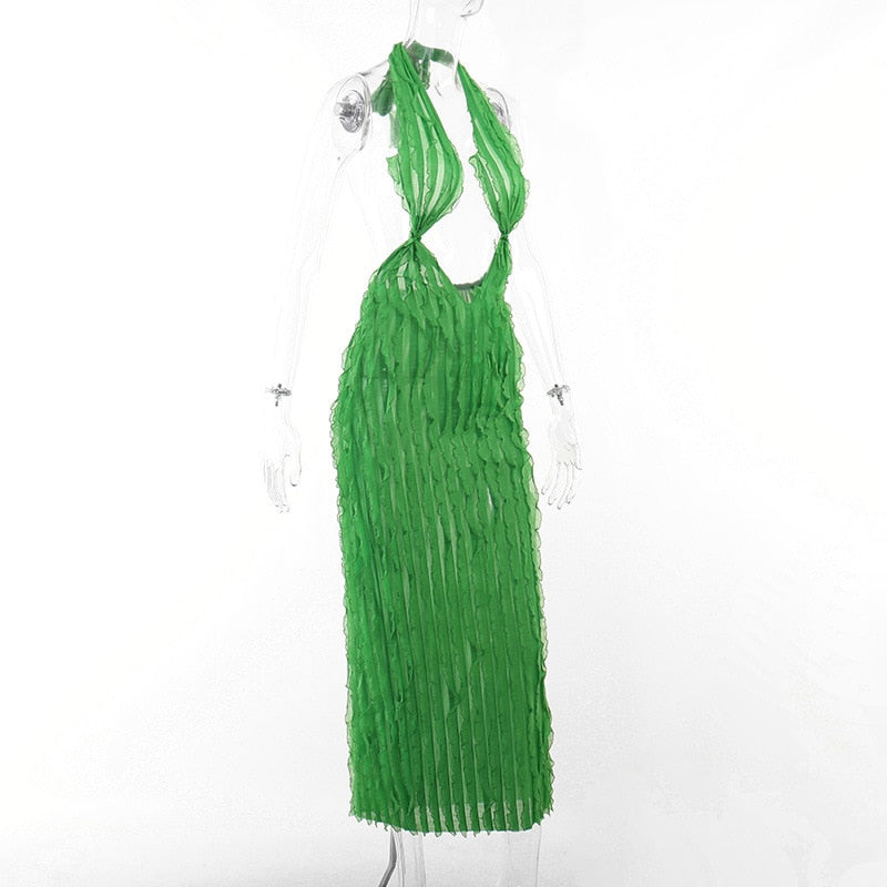 Maxiklänning Dam V-ringning i Bomullsblandning med Spaghetti Axelband-6