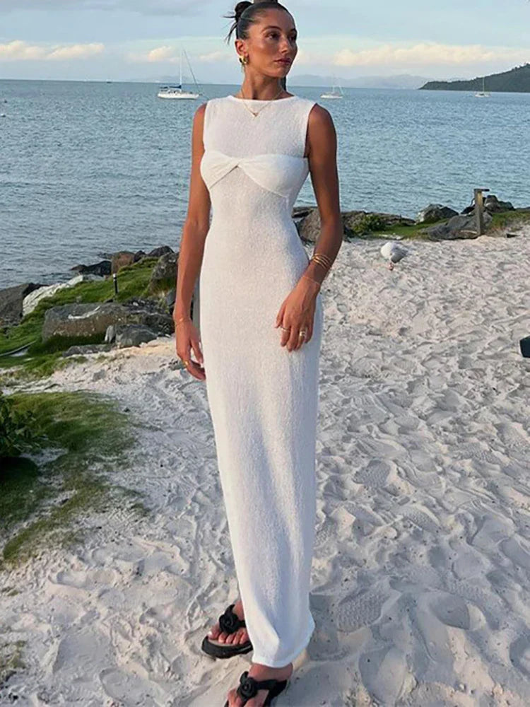 Ärmlös Maxiklänning Dam i Lätt Stickad Tyg – Elegant och Sval Klänning för Sommarens Strandutflykter 3