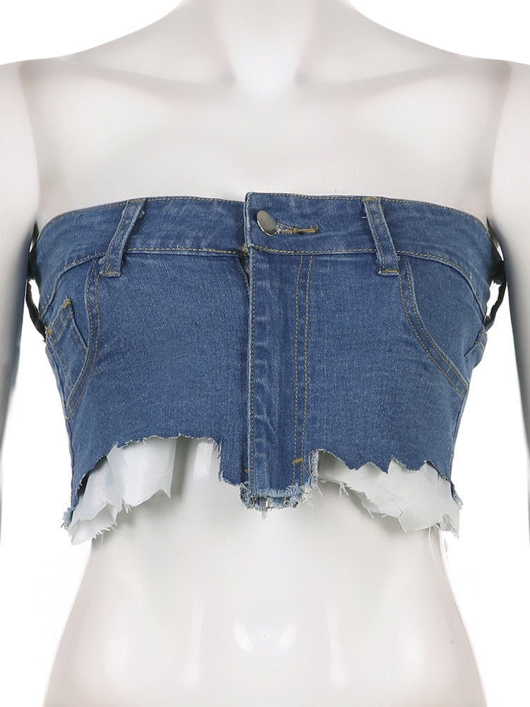 Variant image for Dam Skördetopp Kort Denim Street Style-1