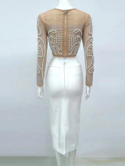 Damklänning Monokrom Polyester Lång Med Pärlkrage-5