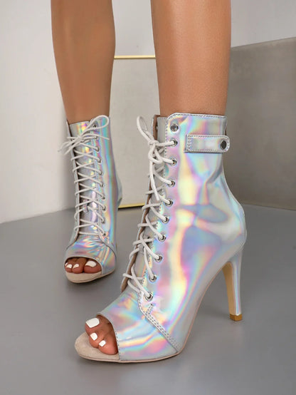 Damstövlar Mid-Calf Läder med Glittrande Detaljer och Hög Häl-2