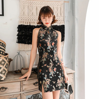 Dam Miniklänning Blommönster Satin Ärmlös Elegant-3