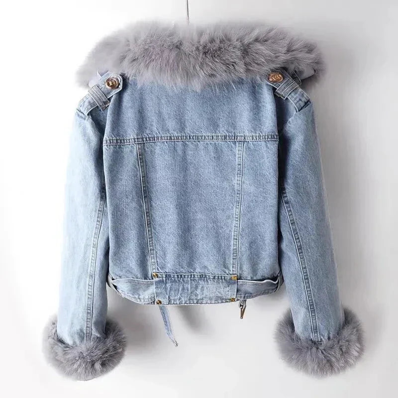 Dam Jeansjacka med Pälsdetaljer i Bomull 2