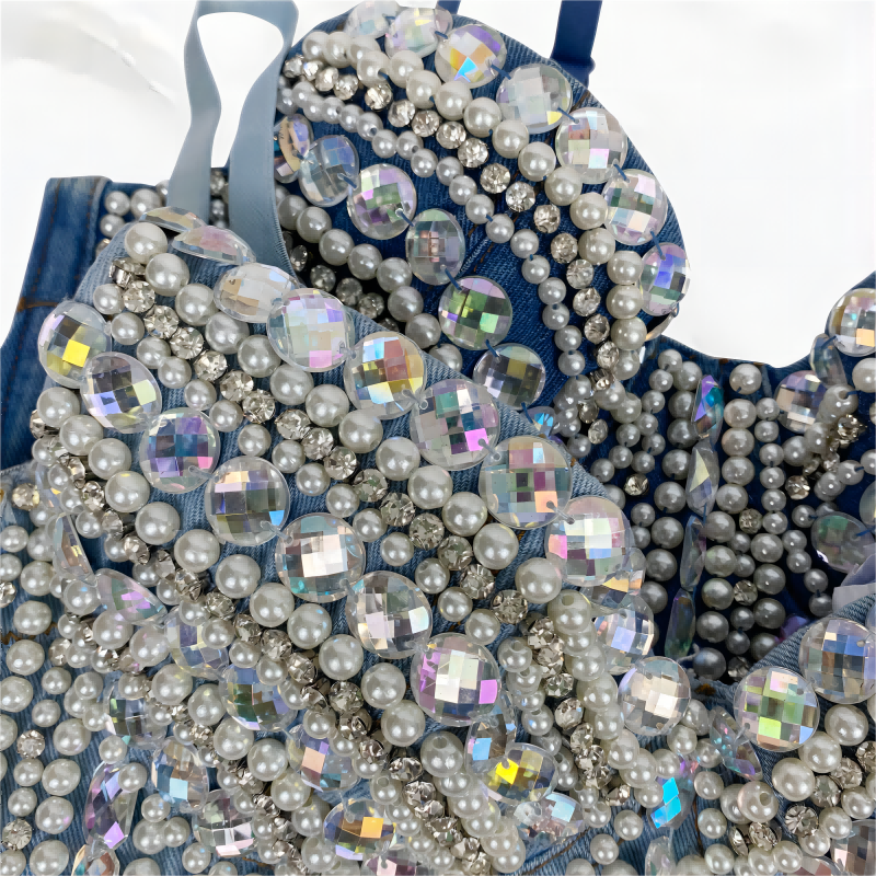 Dam Festtopp Glittrig Paljett Denim Crop Top-5