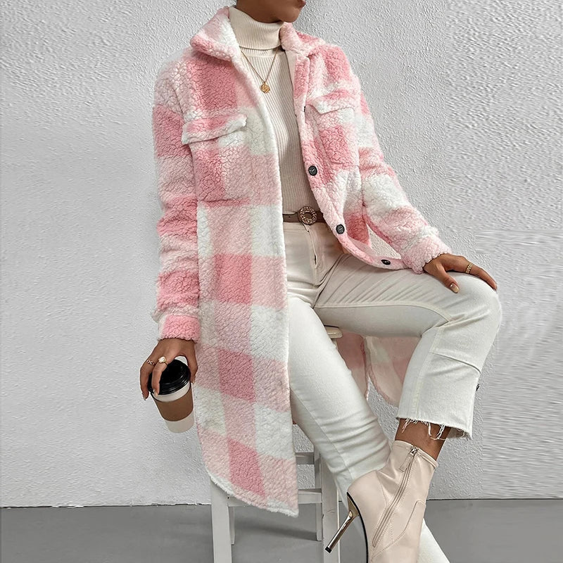 Lång Vinterjacka Dam Rutig Lammull Elegant Stil-3