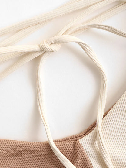 Dam Topp Tvåfärgad Ribbad 100% Bomull-4