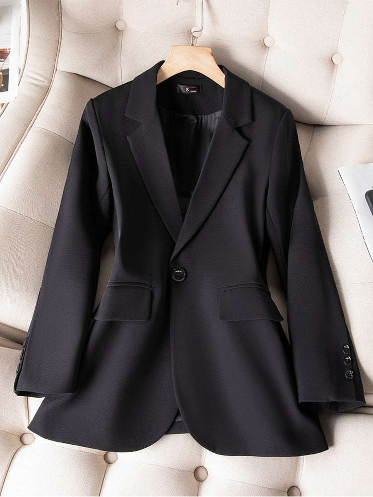 Dam Blazer Monokrom Acetat Spandex Klassisk Snitt med Fickor-6