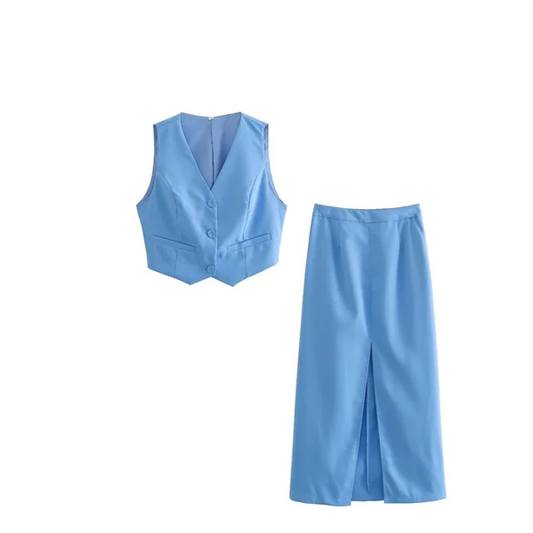 Dam Tvådelad Kofta med V-ringning och Lång Kjol Polyester 1