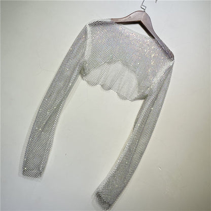 Dam Crop Top med Glansig Dekoration i Polyester – Lång Ärmlängd och Elastisk Passform 11