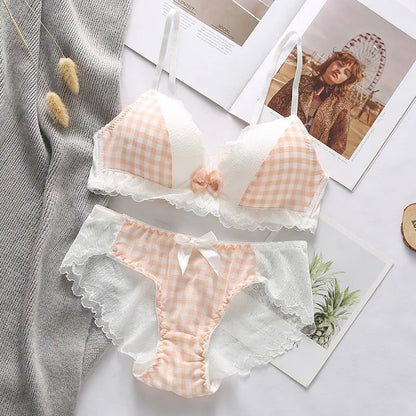 Dam BH Sats Trådlös Rutigt Design Bomull Polyester Spandex-4