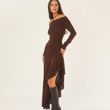 Maxiklänning Dam Asymmetrisk Polyester Lång Ärmar Elegant-5