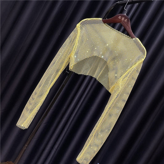 Dam Crop Top med Glansig Dekoration i Polyester – Lång Ärmlängd och Elastisk Passform 1