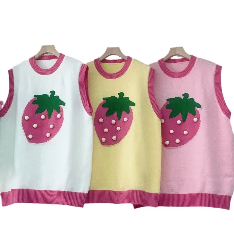 Kvinnors Stickad Väst Med Jordgubbsbroderi Avslappnad Akryl-3
