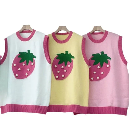 Kvinnors Stickad Väst Med Jordgubbsbroderi Avslappnad Akryl-3