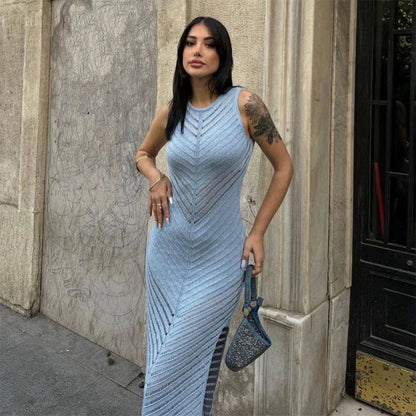 Långärmad Ribbad Damklänning i Tidlös Stil – Knälång Polyesterklänning för Vardag och Fest 10