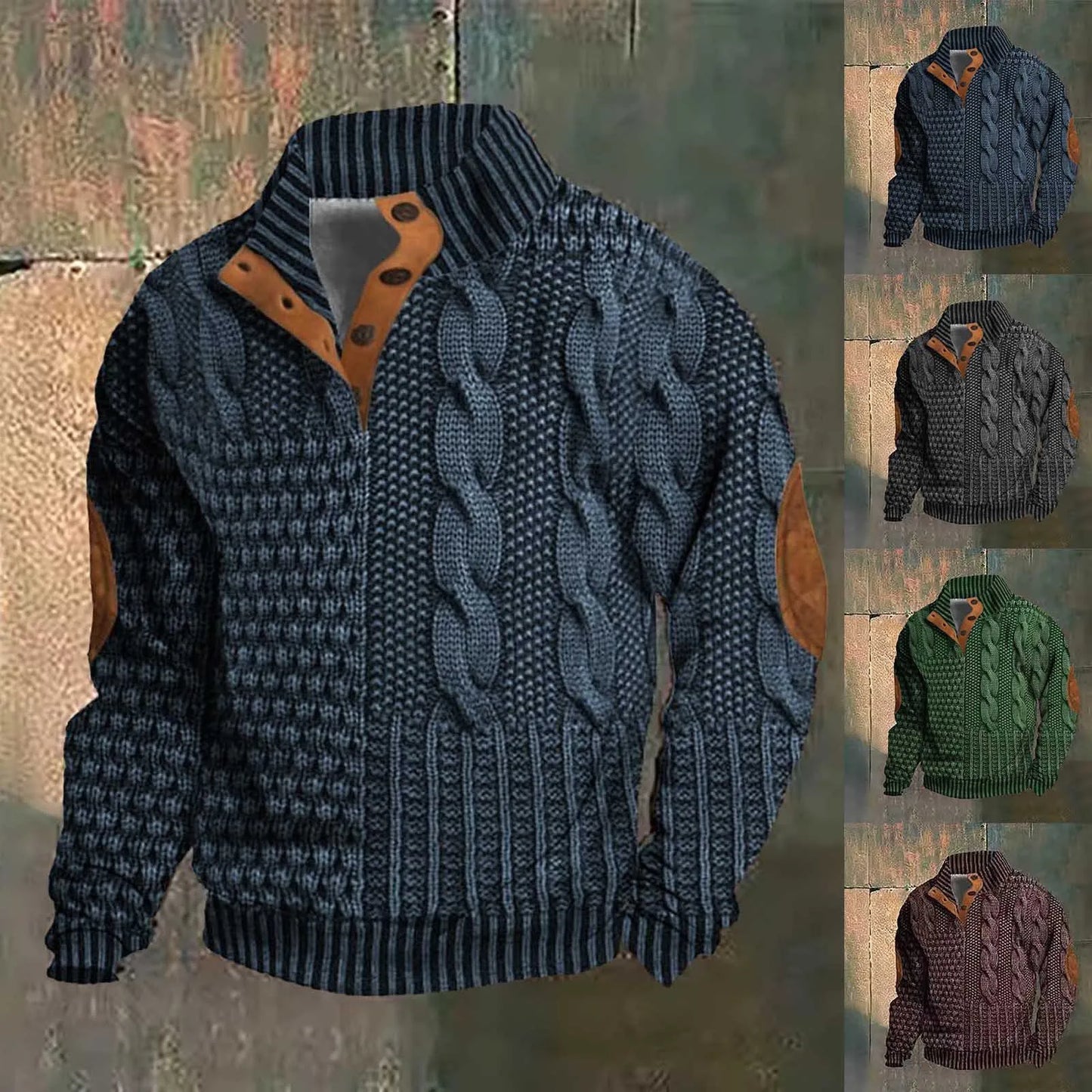 Herr Tröja Knappkrage Jacquard Mönster Högkvalitativ Bomull Polyester-2