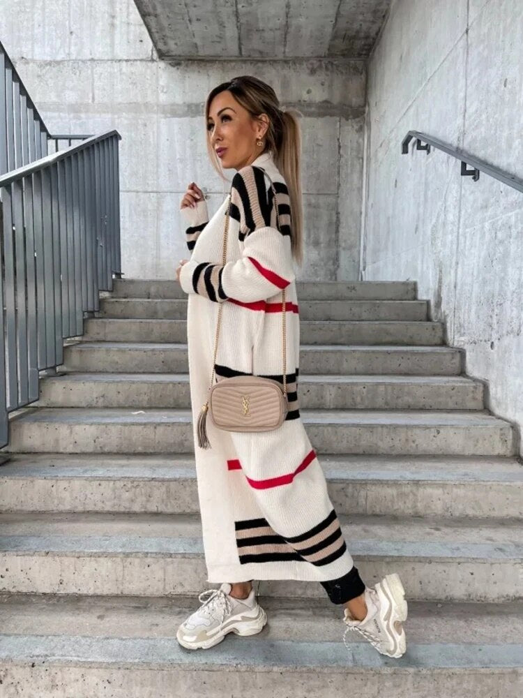 Kvinnors Lång Kofta Stickad Randig Mjuk Kvalitet-5