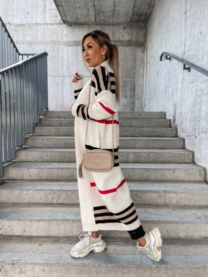 Kvinnors Lång Kofta Stickad Randig Mjuk Kvalitet-5