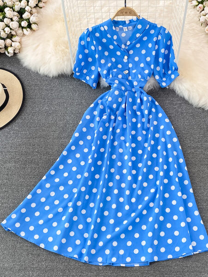 Kvinnors Midi Klänning A-linjeformad Polyester Punktmönster-5