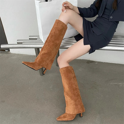 Kvinnors Långa Stövlar Knähög Sammet-3