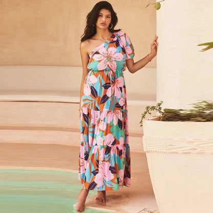 Damklänning En Axel Tryckt Design Högkvalitativt Tyg 4