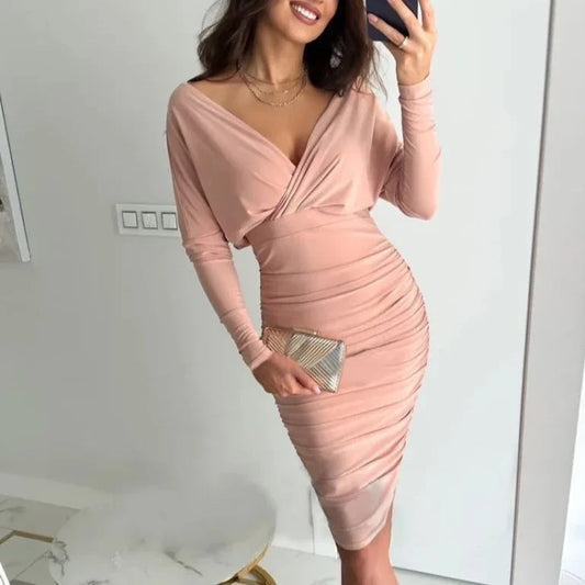 Kvinnors Långärmad Klänning V-ringning Polyester Elegant-1