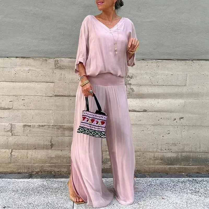 Dam Tvådelad Uppsättning Chiffon Topp och Vida Byxor-5