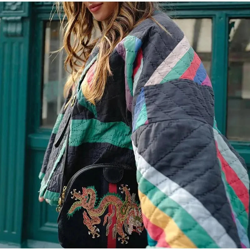 Dam Väst Kimono Öppen Design Med Regnbågens Ränder Polyester-3