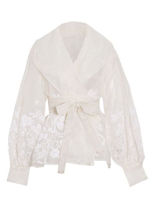 Vit Blus Dam med Blommönster och Lykta Ärmar i Polyester-1