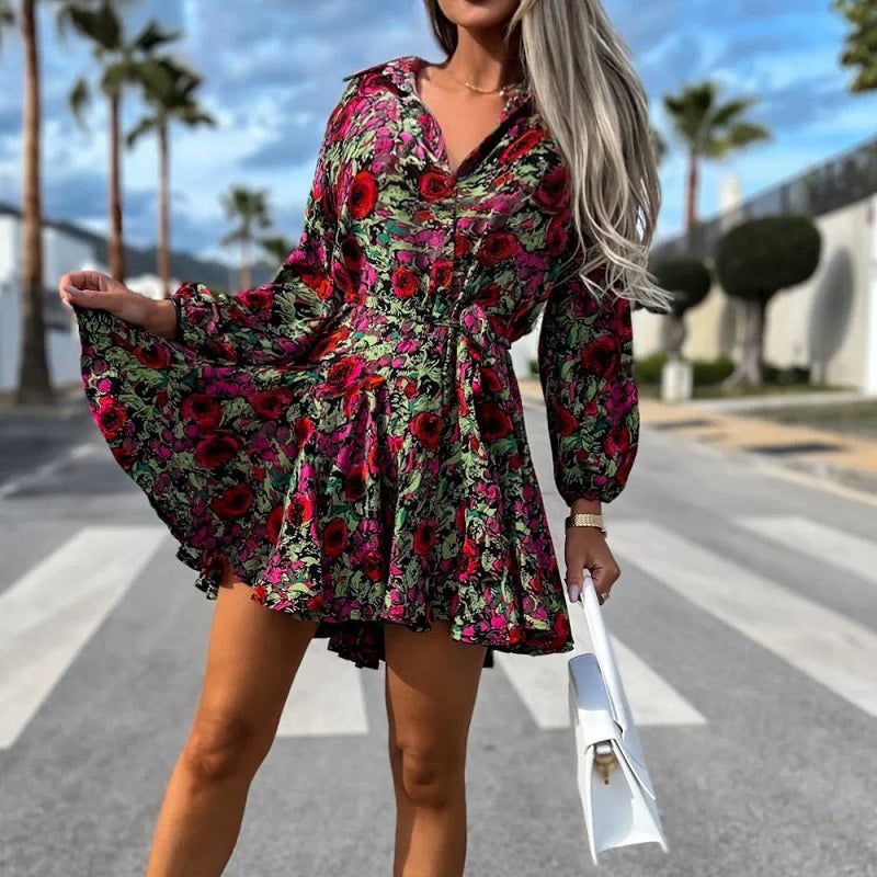 Kvinna Flare Klänning Blommönster Polyester-2