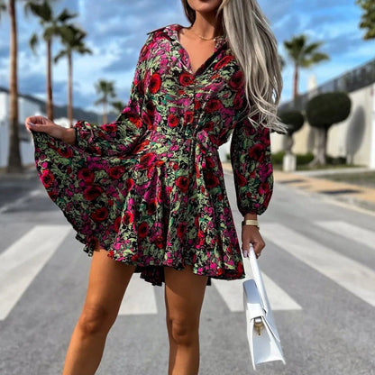 Kvinna Flare Klänning Blommönster Polyester-2