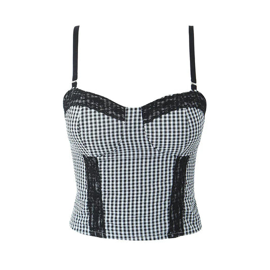 Dam Festtopp Vichy-Karo med Spetsdetaljer Polyester-1