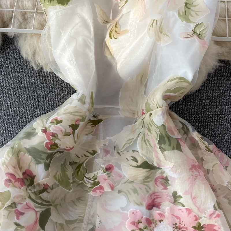 Kvinnors Midi Klänning Blommönster Organza A-Linje-2