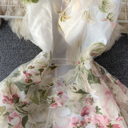 Kvinnors Midi Klänning Blommönster Organza A-Linje-2