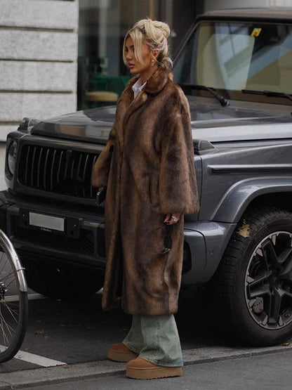 Lång Kofta Dam med Päls Detaljer Mjuk Stickad Design-6