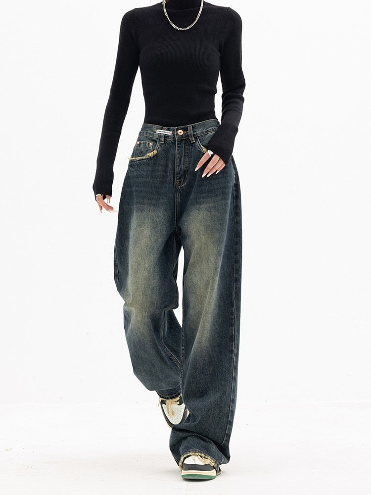 Kvinnors Baggy Wide Ben Jeans Hög Midja Denim 3