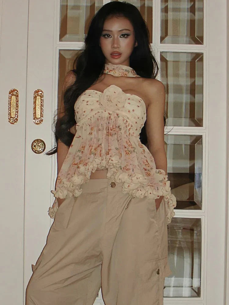 Dam Festtopp Blommönster Polyester-Spandex Elegant Samlad Design-5